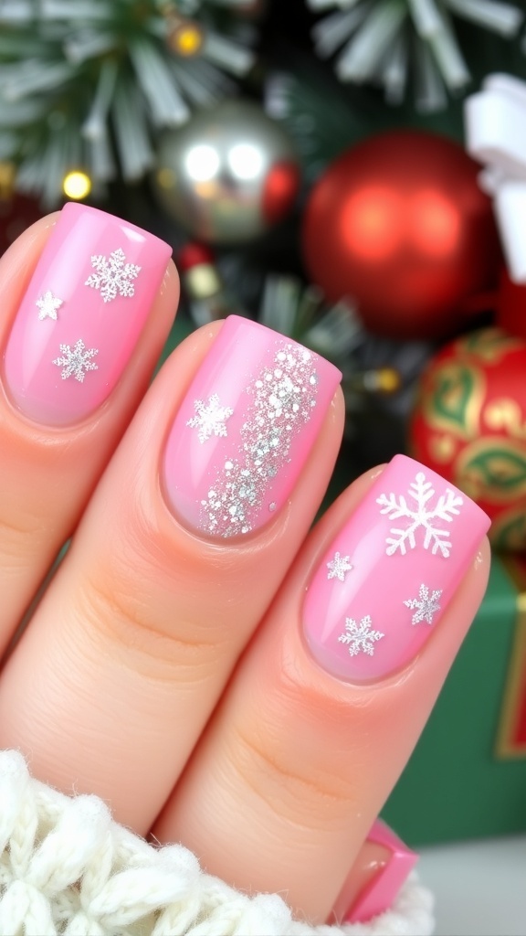Pink Christmas Nails with Snowflakes and Glitter Pink Christmas nails with snowflakes and glitter on a festive background.